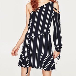 Zara Dress Striped One Shoulder Drop Hem Tie